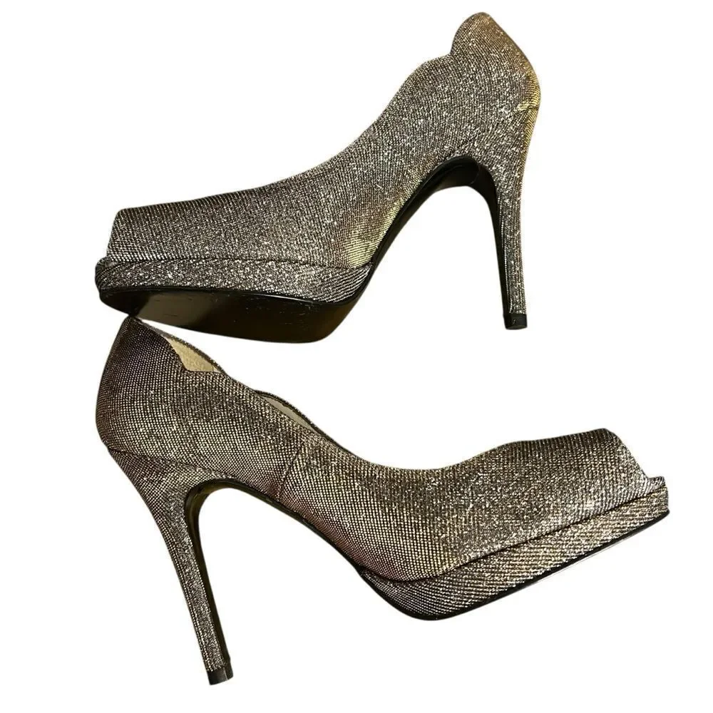 Stuart Weitzman Dippy Peep Toe Platform Heels size 6.5M Pyrite Nocturn Shoes